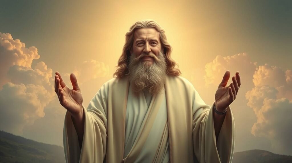 Bild eines alten Mannes, der Gott symbolisiert, mit seinen Händen in der Mitte des Himmels erhoben, mit einer mystischen Aura hinter ihm