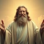 Bild eines alten Mannes, der Gott symbolisiert, mit seinen Händen in der Mitte des Himmels erhoben, mit einer mystischen Aura hinter ihm