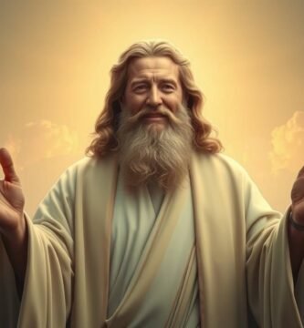 Bild eines alten Mannes, der Gott symbolisiert, mit seinen Händen in der Mitte des Himmels erhoben, mit einer mystischen Aura hinter ihm