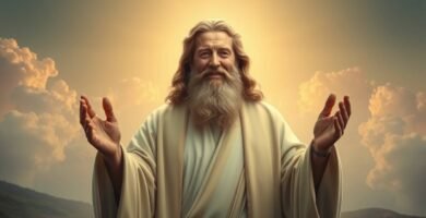 Bild eines alten Mannes, der Gott symbolisiert, mit seinen Händen in der Mitte des Himmels erhoben, mit einer mystischen Aura hinter ihm