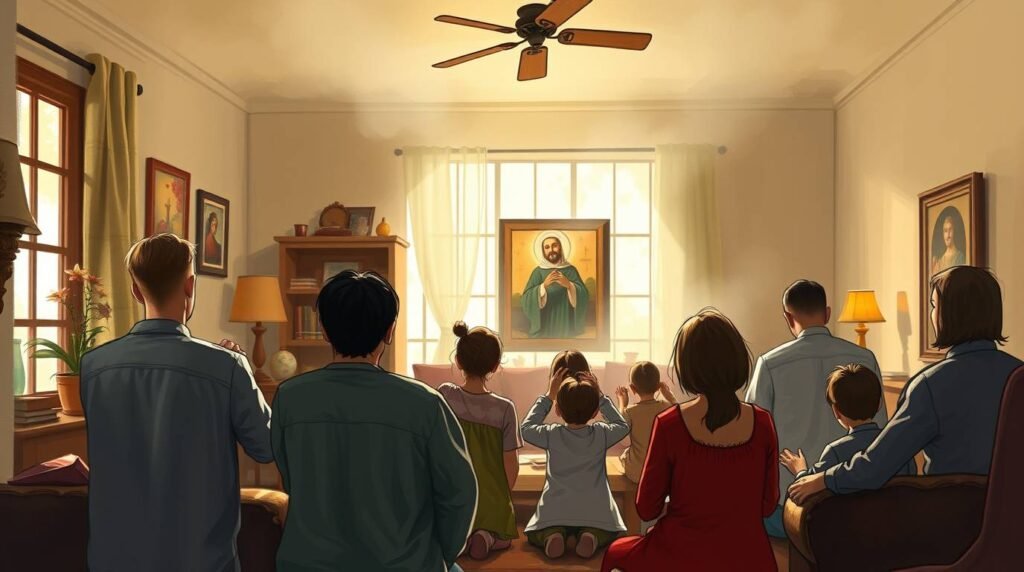 Bild von der Rückseite einer Familie, die im Wohnzimmer ihres Hauses zum Bild von Gottvater betet