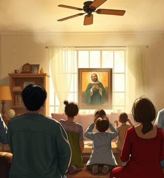 Bild von der Rückseite einer Familie, die im Wohnzimmer ihres Hauses zum Bild von Gottvater betet