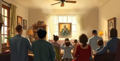 Bild von der Rückseite einer Familie, die im Wohnzimmer ihres Hauses zum Bild von Gottvater betet
