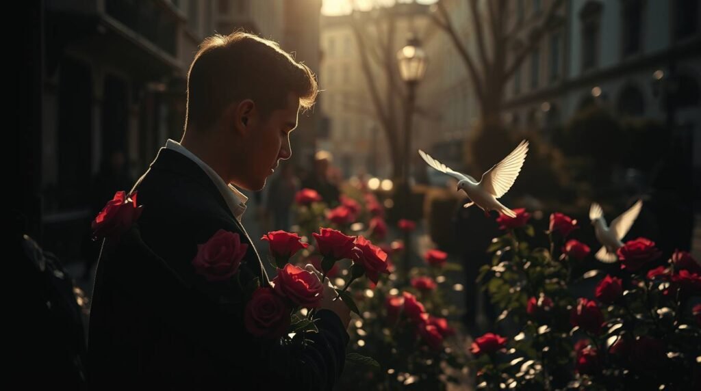 Bild eines reflektierenden Mannes mit roten Rosen und einer weißen Taube im Hintergrund