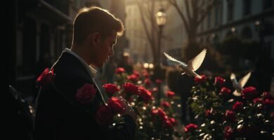 Bild eines reflektierenden Mannes mit roten Rosen und einer weißen Taube im Hintergrund