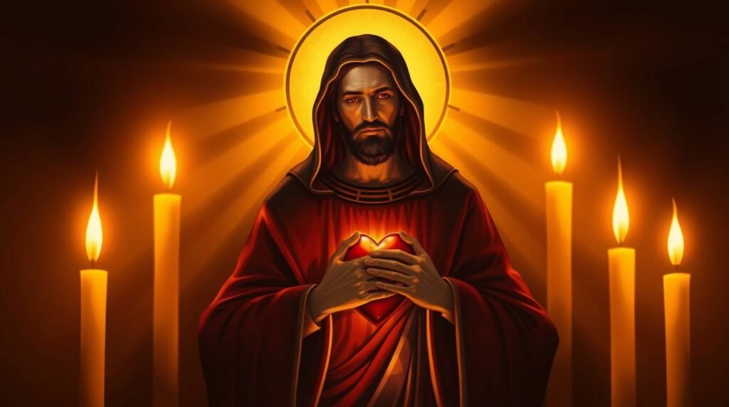 Bild von Jesus Christus in einem dunklen Raum, umgeben von Kerzen, mit einem Herz auf seiner Brust und einem Licht, das von seinem Körper ausgeht