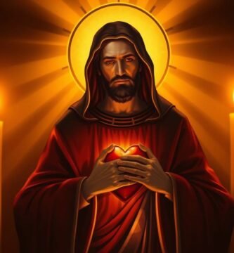 Bild von Jesus Christus in einem dunklen Raum, umgeben von Kerzen, mit einem Herz auf seiner Brust und einem Licht, das von seinem Körper ausgeht