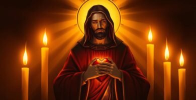 Bild von Jesus Christus in einem dunklen Raum, umgeben von Kerzen, mit einem Herz auf seiner Brust und einem Licht, das von seinem Körper ausgeht