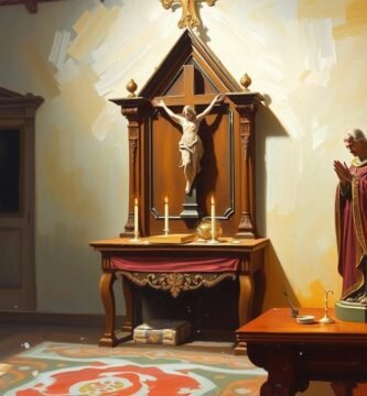 Bild eines Rauminterieurs mit einem Bild von Jesus und brennenden Kerzen im Stil einer Leinwandmalerei.