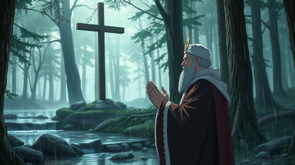 Bild eines alten Mannes, der in einem Wald zu einem Kreuz betet