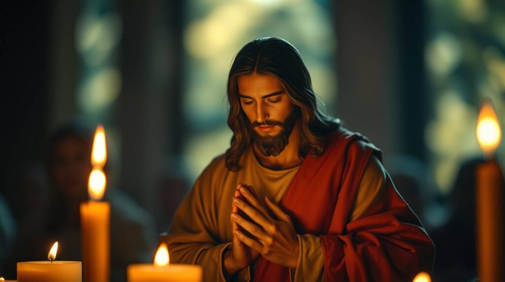 Bild von Jesus, der in einer Kirche bei Kerzenlicht betet