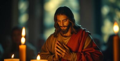 Bild von Jesus, der in einer Kirche bei Kerzenlicht betet
