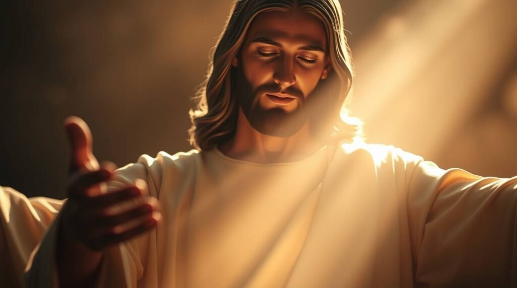 Bild von Jesus Christus mit geschlossenen Augen und offenen Armen, während ein Lichtstrahl auf sein Gesicht fällt