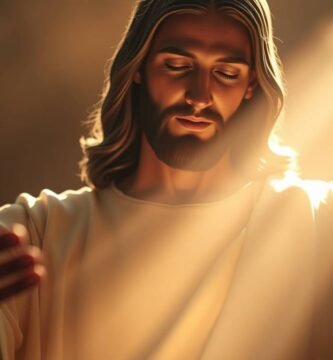 Bild von Jesus Christus mit geschlossenen Augen und offenen Armen, während ein Lichtstrahl auf sein Gesicht fällt