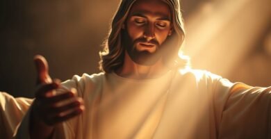 Bild von Jesus Christus mit geschlossenen Augen und offenen Armen, während ein Lichtstrahl auf sein Gesicht fällt