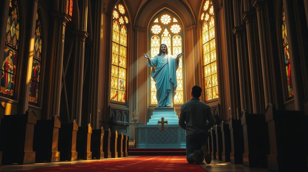 Bild eines Mannes, der in einer Kirche kniet und zum Bild von Jesus betet
