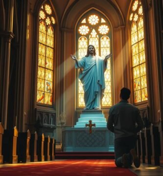 Bild eines Mannes, der in einer Kirche kniet und zum Bild von Jesus betet