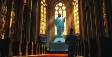 Bild eines Mannes, der in einer Kirche kniet und zum Bild von Jesus betet