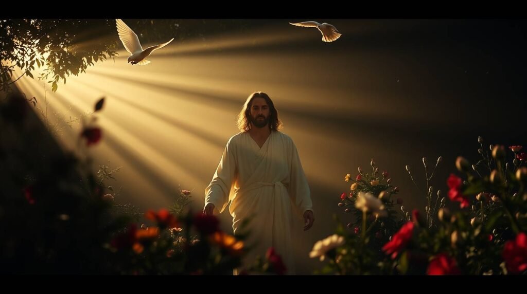 Bild von Jesus Christus, der in einem dunklen Wald spaziert, der von einem Lichtstrahl beleuchtet wird, in dem Blumen und weiße Tauben herumfliegen