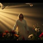 Bild von Jesus Christus, der in einem dunklen Wald spaziert, der von einem Lichtstrahl beleuchtet wird, in dem Blumen und weiße Tauben herumfliegen
