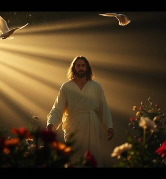 Bild von Jesus Christus, der in einem dunklen Wald spaziert, der von einem Lichtstrahl beleuchtet wird, in dem Blumen und weiße Tauben herumfliegen
