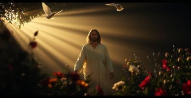 Bild von Jesus Christus, der in einem dunklen Wald spaziert, der von einem Lichtstrahl beleuchtet wird, in dem Blumen und weiße Tauben herumfliegen