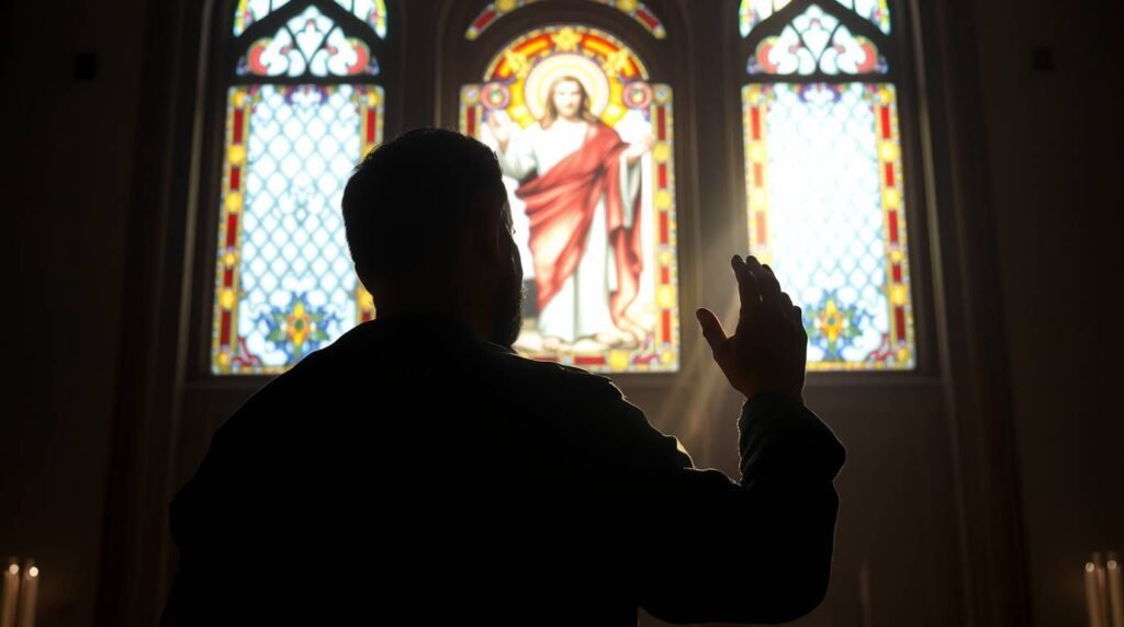 Bild des Schattens einer Person, die in einer Kirche zum Bild von Jesus betet