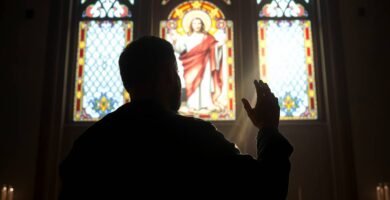 Bild des Schattens einer Person, die in einer Kirche zum Bild von Jesus betet