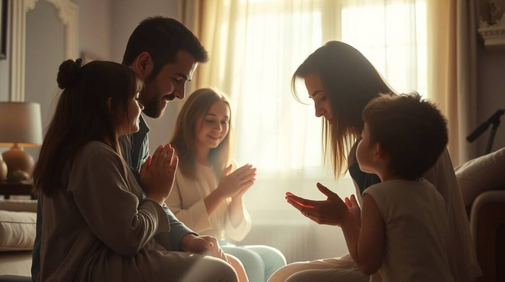 Bild einer Familie, die in einem Raum betet, der von Sonnenstrahlen erhellt wird, die durch das Fenster fallen