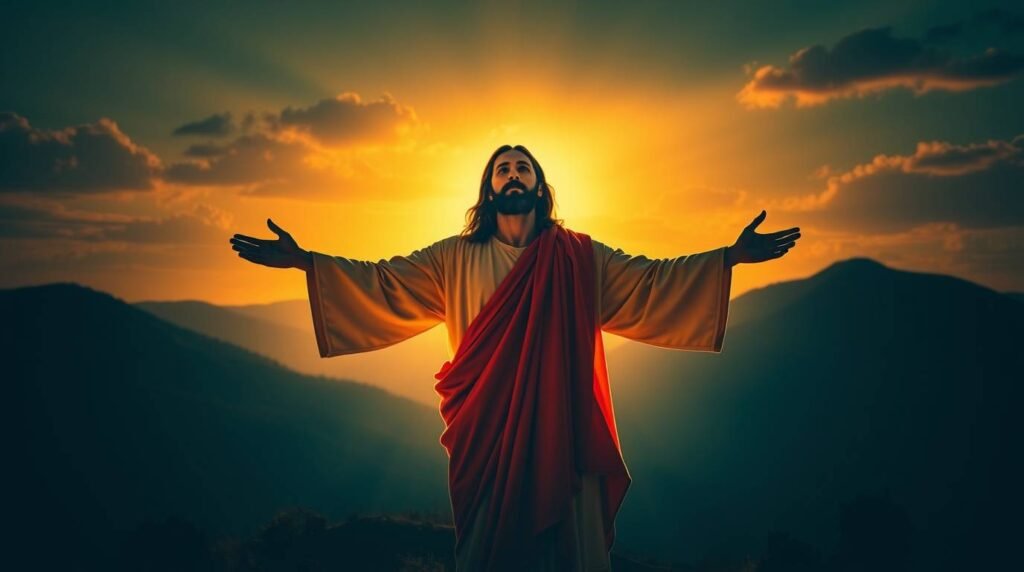 Bild von Jesus Christus, der seine Hände erhebt und von einer goldenen Aura umgeben ist