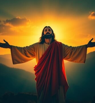 Bild von Jesus Christus, der seine Hände erhebt und von einer goldenen Aura umgeben ist