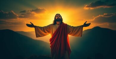Bild von Jesus Christus, der seine Hände erhebt und von einer goldenen Aura umgeben ist