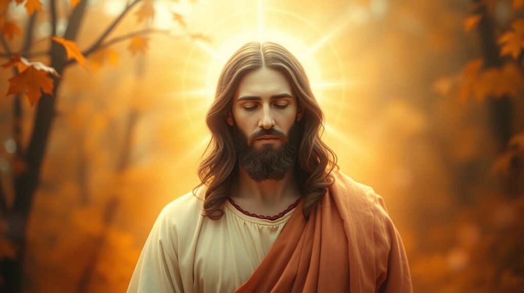 Bild von Jesus, der mit geschlossenen Augen meditiert und von einer goldenen Aura umgeben ist