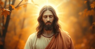 Bild von Jesus, der mit geschlossenen Augen meditiert und von einer goldenen Aura umgeben ist