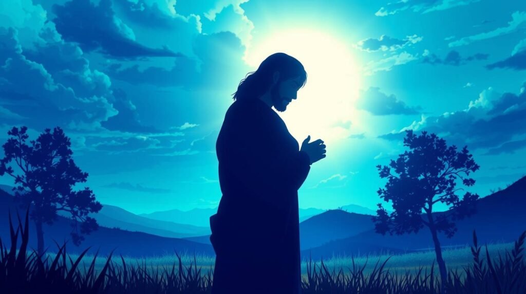 Bild von Jesus Christus, der auf dem Feld in einem schwachen blauen Licht betet