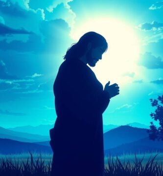 Bild von Jesus Christus, der auf dem Feld in einem schwachen blauen Licht betet