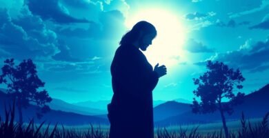 Bild von Jesus Christus, der auf dem Feld in einem schwachen blauen Licht betet