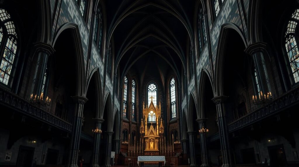 Bild des Innenraums einer Kirche mit Gläubigen, die zum Bild Jesu beten