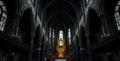 Bild des Innenraums einer Kirche mit Gläubigen, die zum Bild Jesu beten