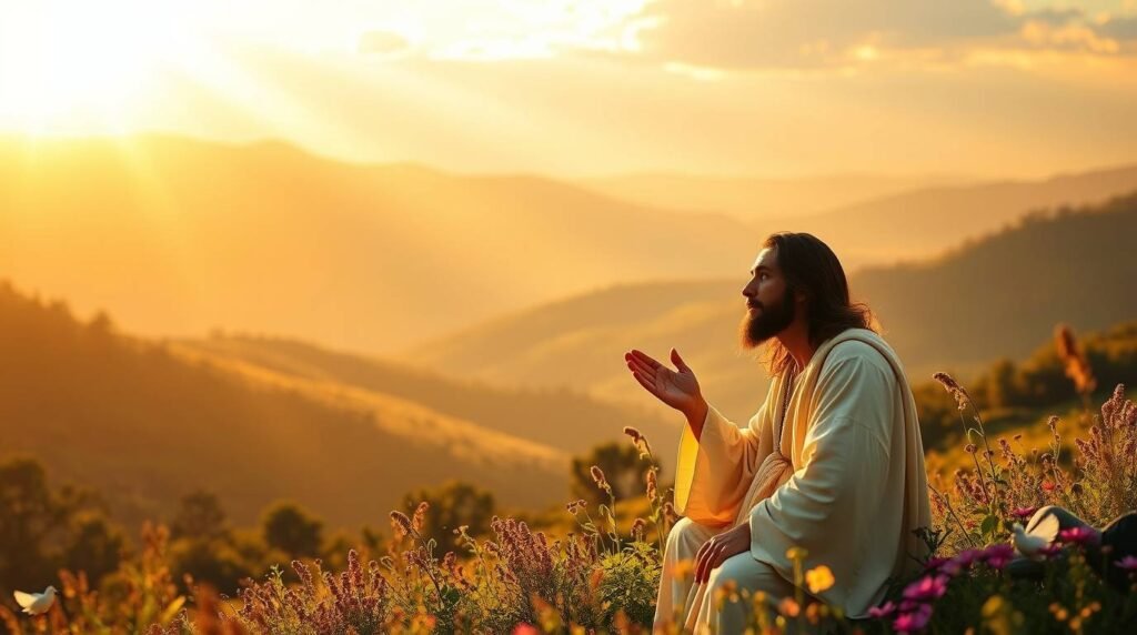 Bild von Jesus Christus, der auf dem Feld sitzt und den Sonnenuntergang betrachtet