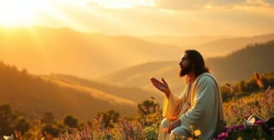 Bild von Jesus Christus, der auf dem Feld sitzt und den Sonnenuntergang betrachtet