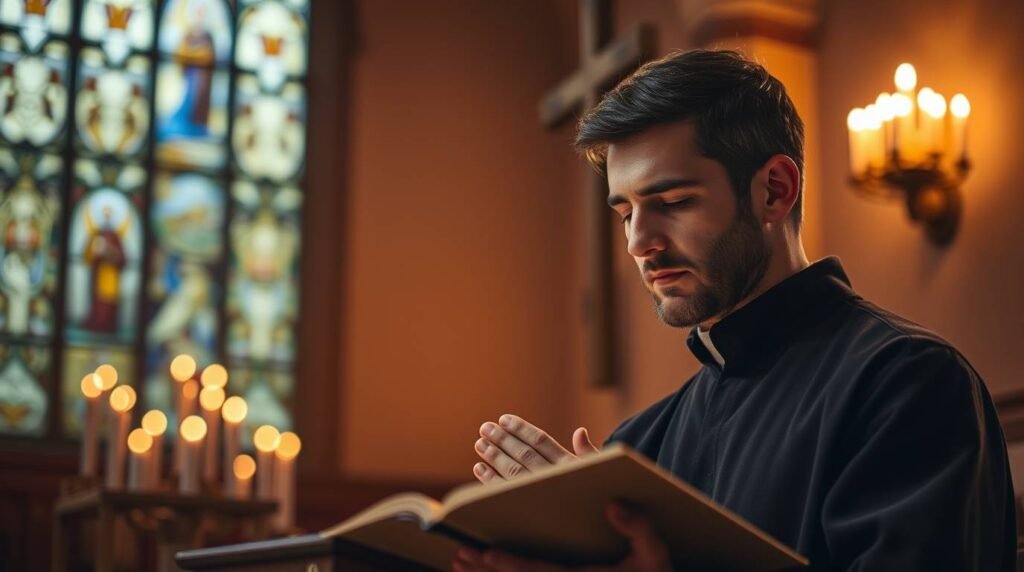 Bild eines Priesters, der in einer Kirche die Bibel liest