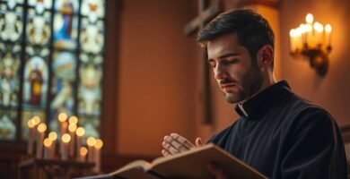 Bild eines Priesters, der in einer Kirche die Bibel liest