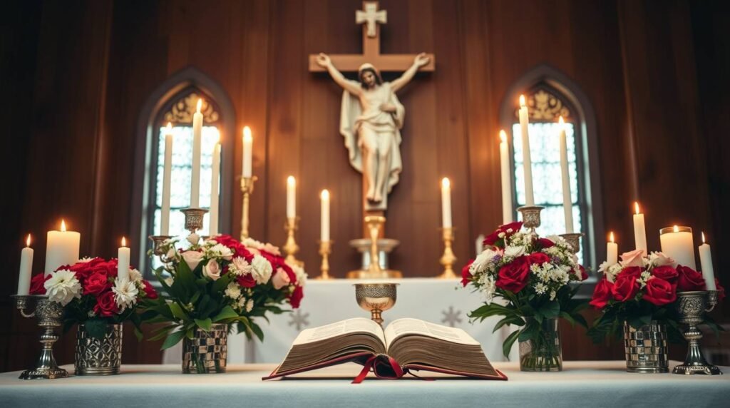 Bild eines Kirchenaltars mit einer offenen Bibel, Kerzen, Blumen und dem Bild von Jesus am Kreuz.