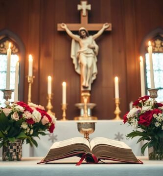 Bild eines Kirchenaltars mit einer offenen Bibel, Kerzen, Blumen und dem Bild von Jesus am Kreuz.