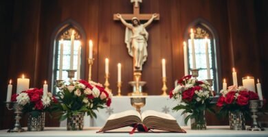 Bild eines Kirchenaltars mit einer offenen Bibel, Kerzen, Blumen und dem Bild von Jesus am Kreuz.