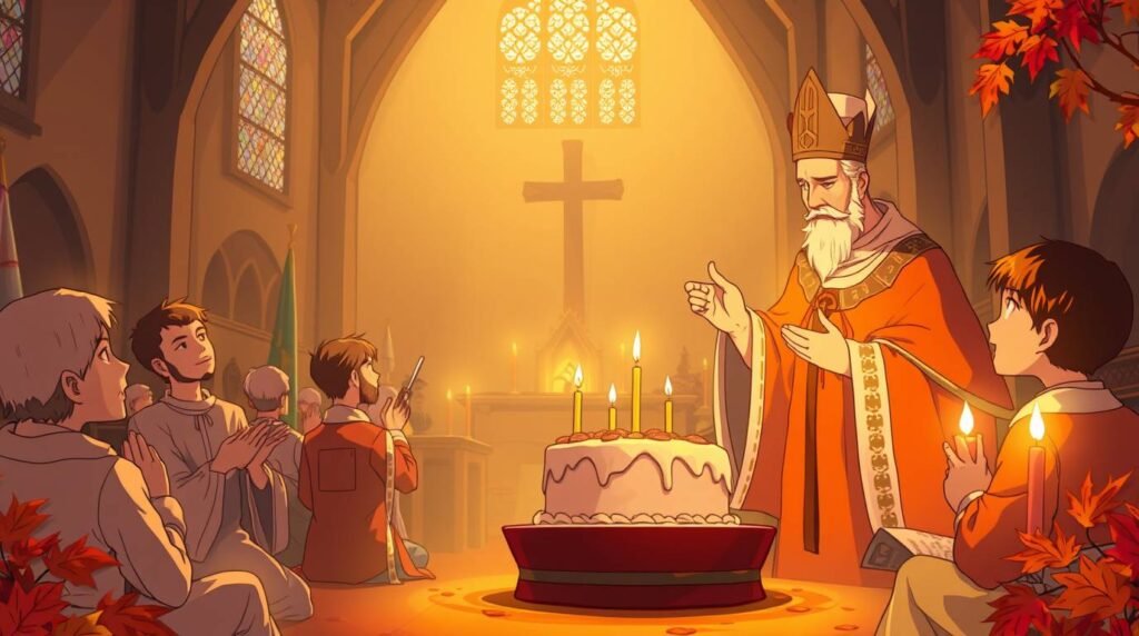 Cartoonbild eines Priesters mit mehreren Kindern, die in einer Kirche eine Geburtstagstorte halten.