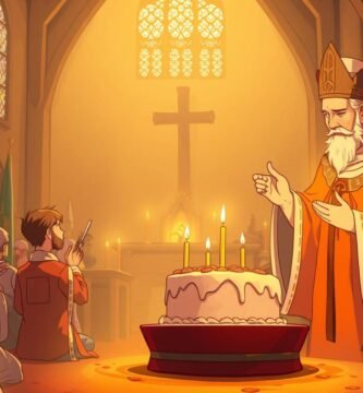 Cartoonbild eines Priesters mit mehreren Kindern, die in einer Kirche eine Geburtstagstorte halten.