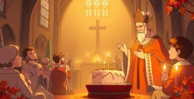 Cartoonbild eines Priesters mit mehreren Kindern, die in einer Kirche eine Geburtstagstorte halten.