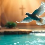 Bild einer weißen Taube, die in der Nähe eines Flusses fliegt, mit einem Kreuz und himmlischem Licht im Hintergrund